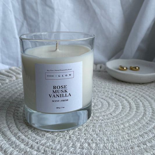 Rose Musk Vanilla Fresh Soy Candle 7 oz by Where I Glow